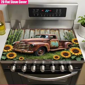 1 retro truck and sunflower stove cover, anti slip and heat-resistant rubber electric stove protection pad, rural farmhouse design, kitchen decoration accessories, stove cover, oven pad, kitchen absorbent pad, drain pad, Stove plate
