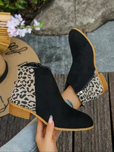 Velvet Short Boots, Plus Size Women's Shoes, Leopard Print Side Panel, Zipper Design, Casual Fashion for Young Women, Winter Warm Shoes