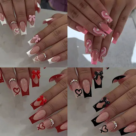 96pcs Medium Square Acrylic Nail Tips Set, French Press-On Nails, Glossy Finish, Heart Pattern, Rhinestones, Bow Design, Manicure Art, for Women and Girls