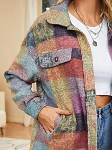 EG fashion Mustard Red Mint plaid button Shacket Cardigan