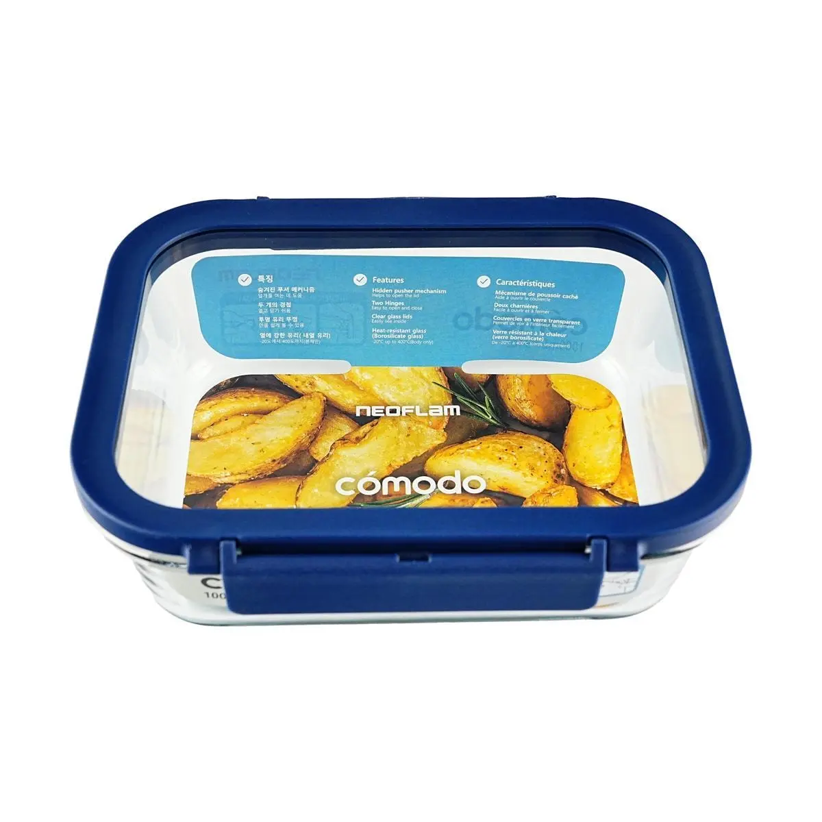 NEOFLAM COMODO 1L Rectangular Glass Food Container - Borosilicate Heat-Resistant, Airtight, Leak-Proof, Microwave Safe Lunch Box for Meal Prep & Storage
