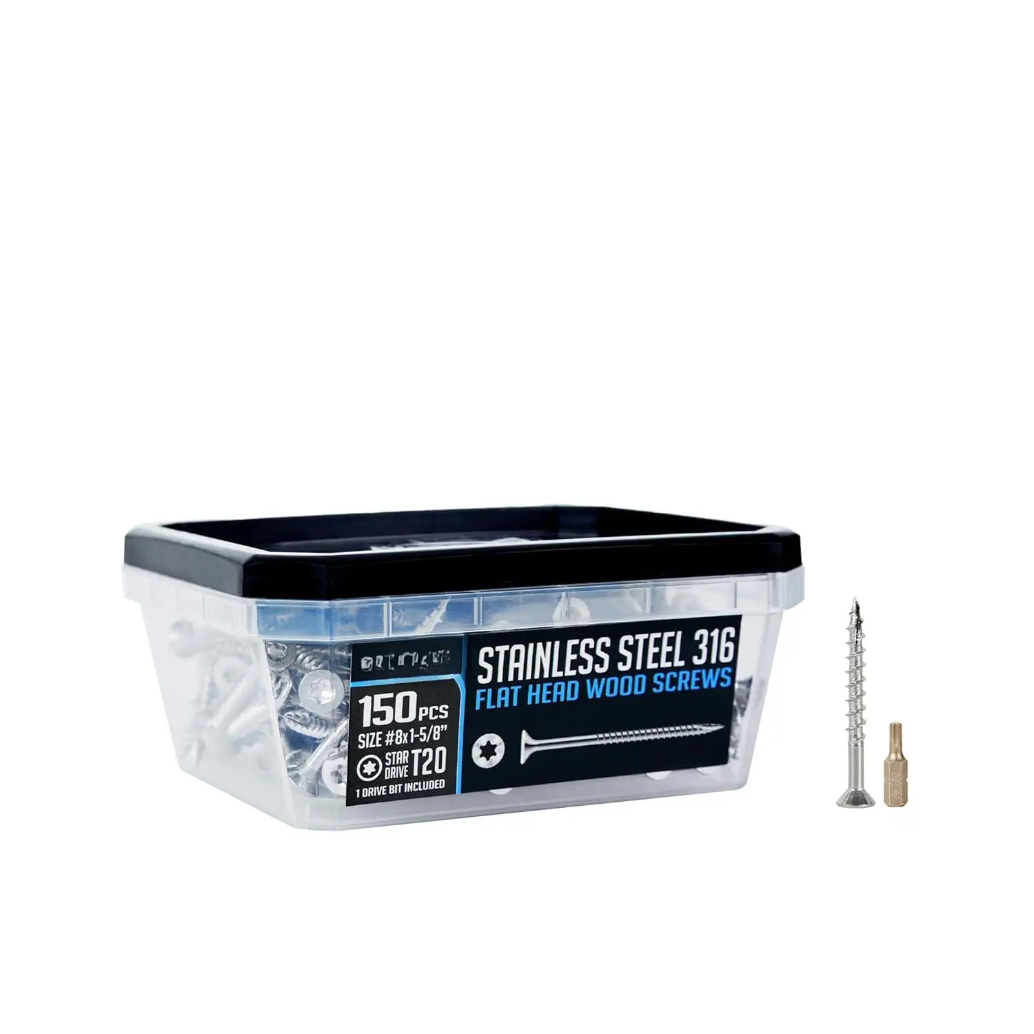 #8x1-5/8 Marine Grade 316 Stainless Steel Deck Screws, 150 count, Flat  T20, Type 17 Point, Rust Resistant, Quick Drive,  Grip for Outdoor  Projects, Bit Included