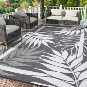 Modern Leaf Print Outdoor Rug Double-Sided Reversible Plastic Grass Rug Foldable Garden Decor Rug for Porch Balcony Beach Picnic Caravan Patio