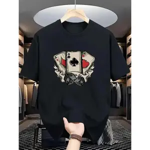 Retro poker and dice pattern T-shirt, retro Las Vegas trip T-shirt, unisex black cotton casual T-shirt for poker game night, birthday gift poker and dice pattern T-shirt, street style tattoo style poker and dice pattern T-shirt