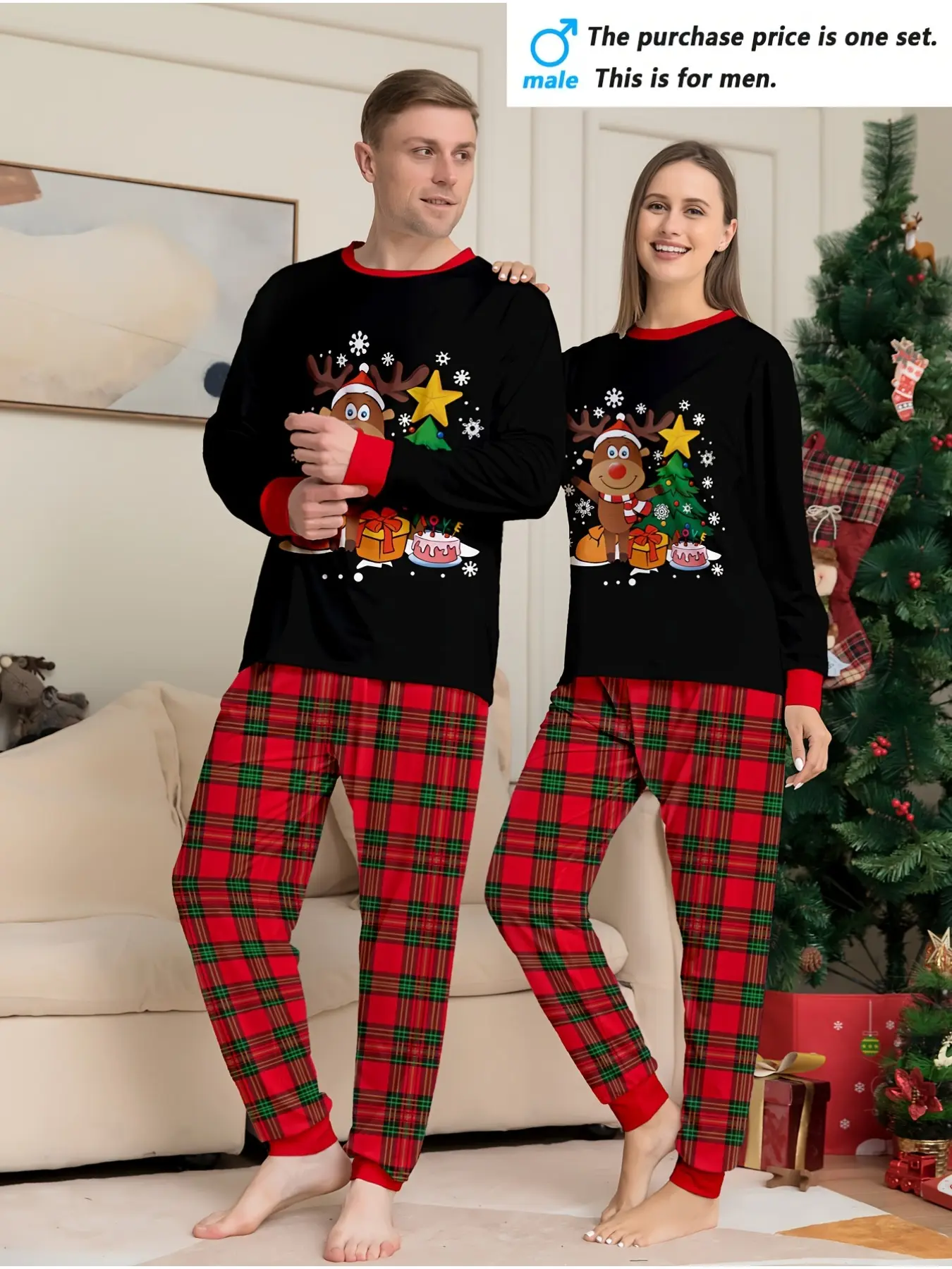 MEN/WOMEN Couple Christmas Long Sleeve Pants Homewear Pajama Set, Christmas Tree Christmas Elk and Classic Plaid Combination Print Elements, Crew Neck Design, Men's or Women's, Single Set Clothes
