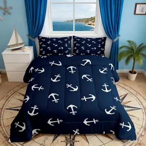 Summer Anchor Comforter Set,Nautical Anchor Bedding Set for Kids Boys Teens Bedroom Decor,Fashion Navy Blue Quilt Set,Soft Polyester Duvet Set