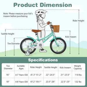 COSTWAY - 16 Inch Kids Bike Bicycle with Training Wheels and 2 Brake System Ages 4-7 Years Old-16 inches