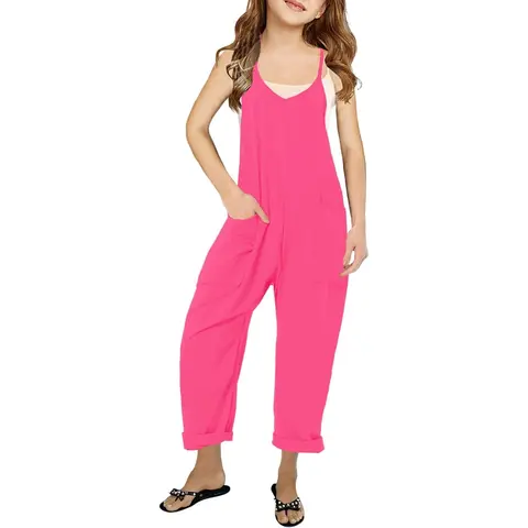 Girls' Casual Spaghetti Strap Sleeveless Dropped Crotch Long Pants Romper with Pockets, Back Pocket Decoration, Deep V - Fashion Clothes Sets, Kids Clothing Girls, Back to School Outfit