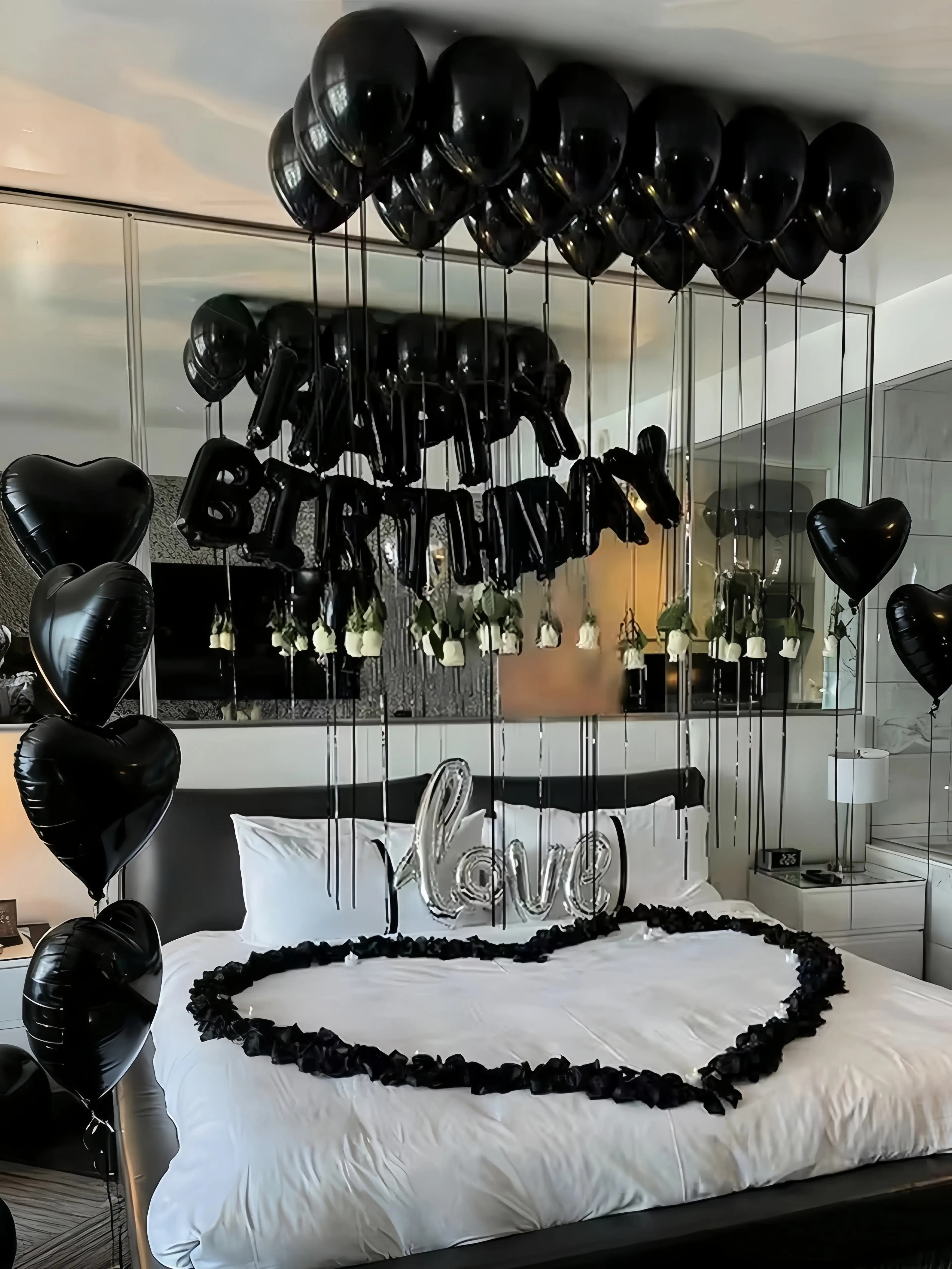 Black Happy Birthday Letter Foil Balloons Set – Includes "HAPPY BIRTHDAY" Banner, Love Foil Balloons, Heart & Latex Balloons, Black Theme Party Decorations for Men & Women