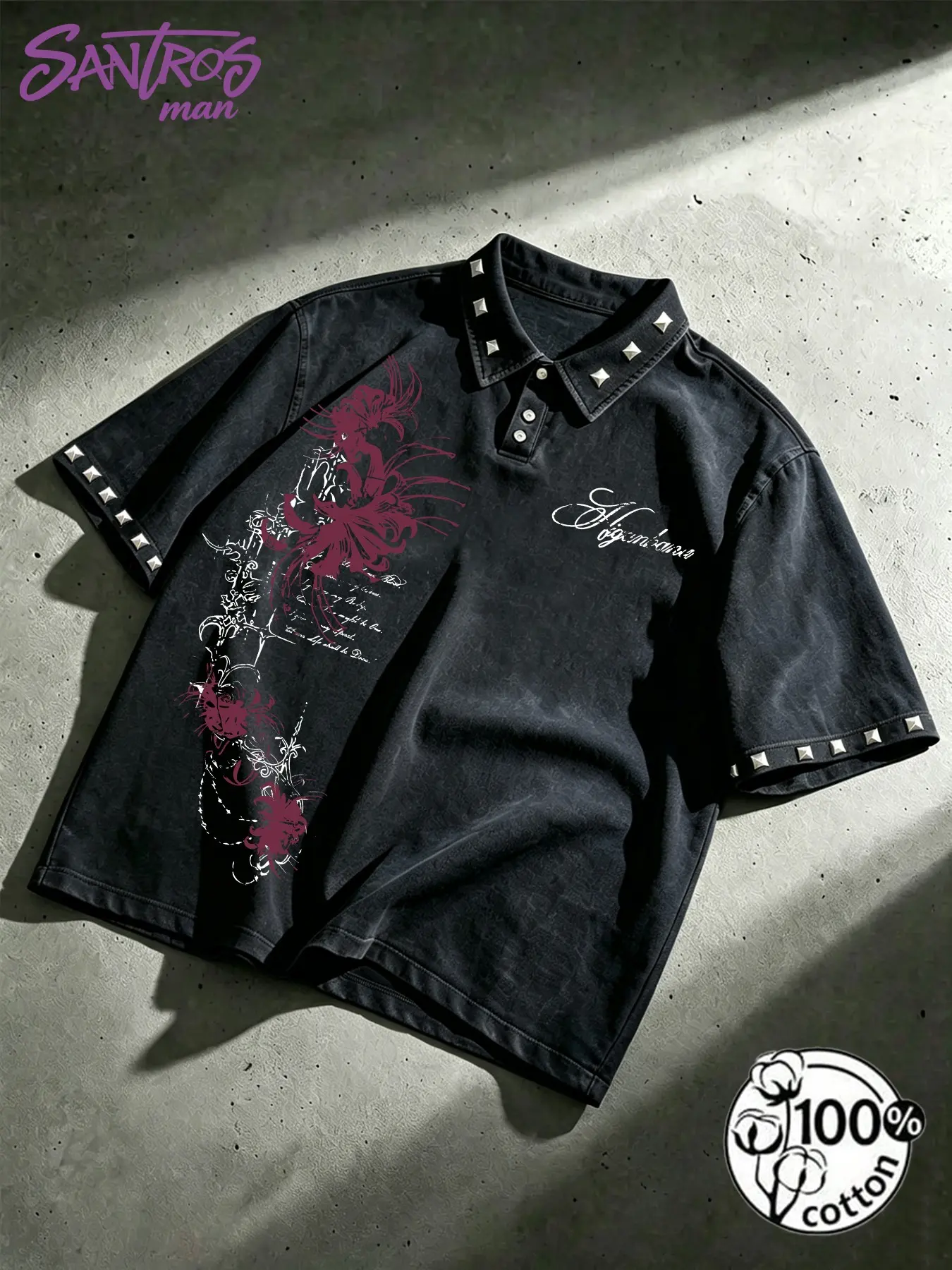 Unisex 100% Cotton Washed Black Studded Printed Polo Shirt with Lycoris Radiata Print American Dark Streetwear Loose Top