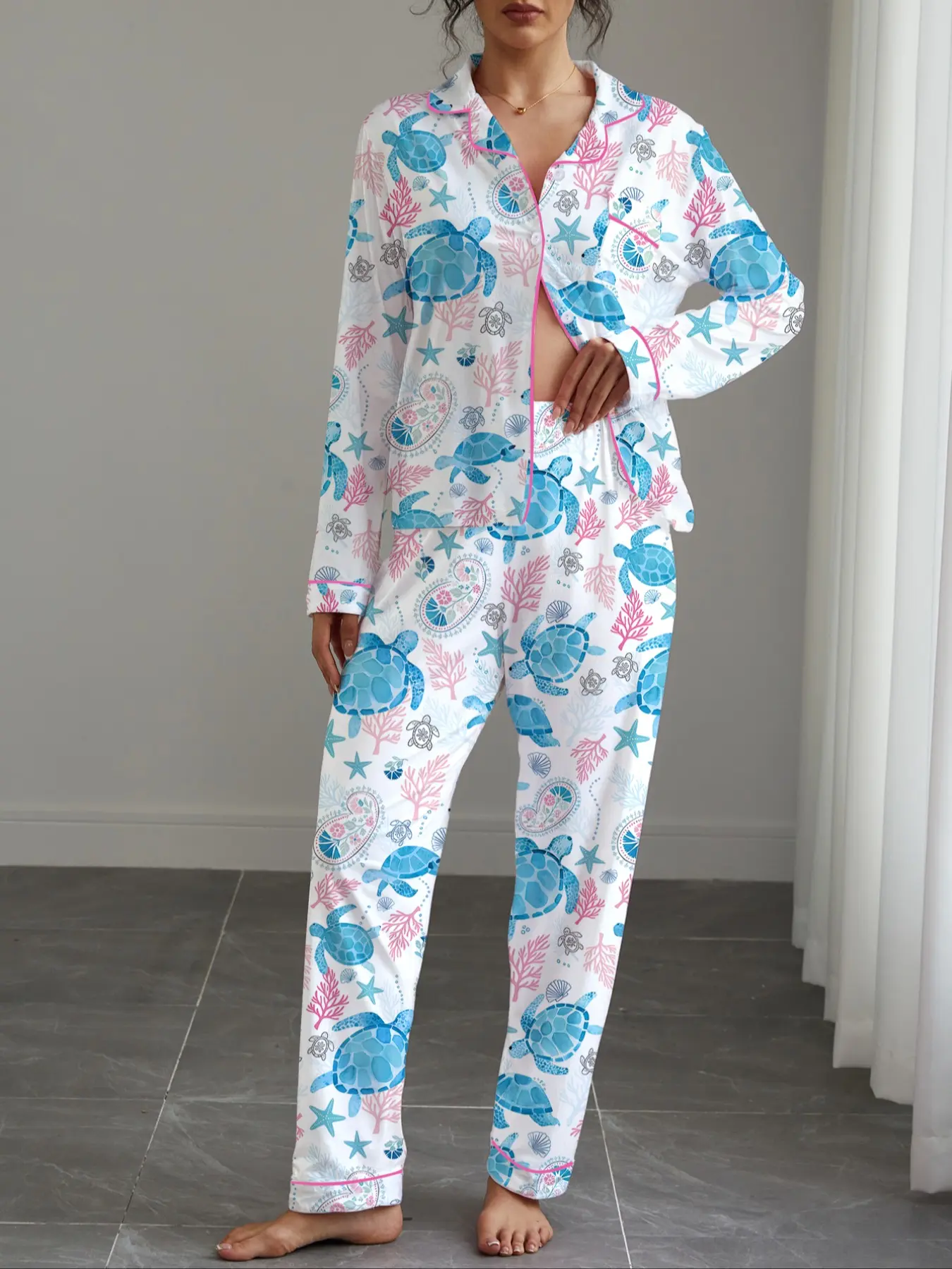 Women's Fall Winter Pajama Set, Outfit, Matching Turtle Print, Button Front Long Sleeve Top & Elastic Pants, Soft Stretchy Fabric, Casual Home Wear, Loungewear, Nightwear, Matching Pj Set