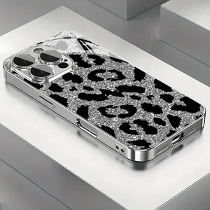 Trendy And Shiny Leopard Print Glass Electroplated Phone Case with Lens Protection, Compatible with Iphone 16/16 Pro/16 Pro Max/16 Plus/15/15 Plus/15 Pro/15 Pro Max, 14/14 Plus/14 Pro/14 Pro Max, 13/13 Pro/13 Pro Max, 12/12 Pro/12 Pro Max, 11/11 Pro/11