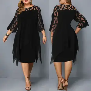 Women's Plus Size Chiffon Dress - Round Neck, Lace Patchwork, Three-Quarter Sleeves, Irregular Hem