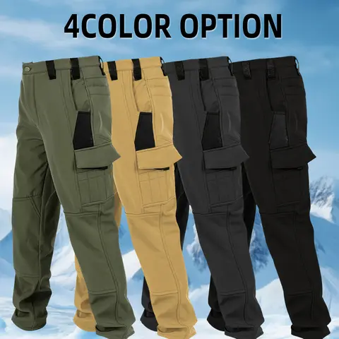 HMUG Men's Thickened Tactical Pants, Men's Multi-Pocket Work Pants, Men's Solid Color Waterproof Work Pants with Pockets, Beltless, Regular Fit, with Athletic Pockets, Suitable for Autumn and Winter Wear Windproof and warm.