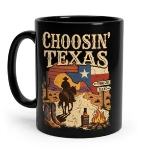 Choosin’ Texas Ella Fella Mug, Western Cowboy Coffee Mug, Country Rodeo Campfire Design, Gift for Fella Club Fans