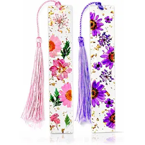 Pressed Flower Bookmarks (2 Pack) Clear Dried Floral Resin with Tassels Handmade Gift for Women, Students, Bookworms, Book Lovers, Accessories to Increase Reading Interest