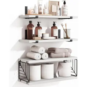 Fixwal 3+1 Tier Bathroom Floating Shelves Over Toilet, 15.8in Farmhouse Rustic Wood Shelves, Wall Decor for Bathroom, Living Room,Bedroom and Kitchen (White)