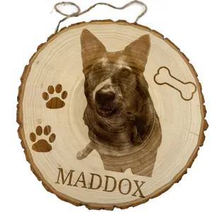 Custom Laser Engraved Pet Portrait Wood Slice Sign: Rustic Memorial Decor | Personalize Your Own Sign