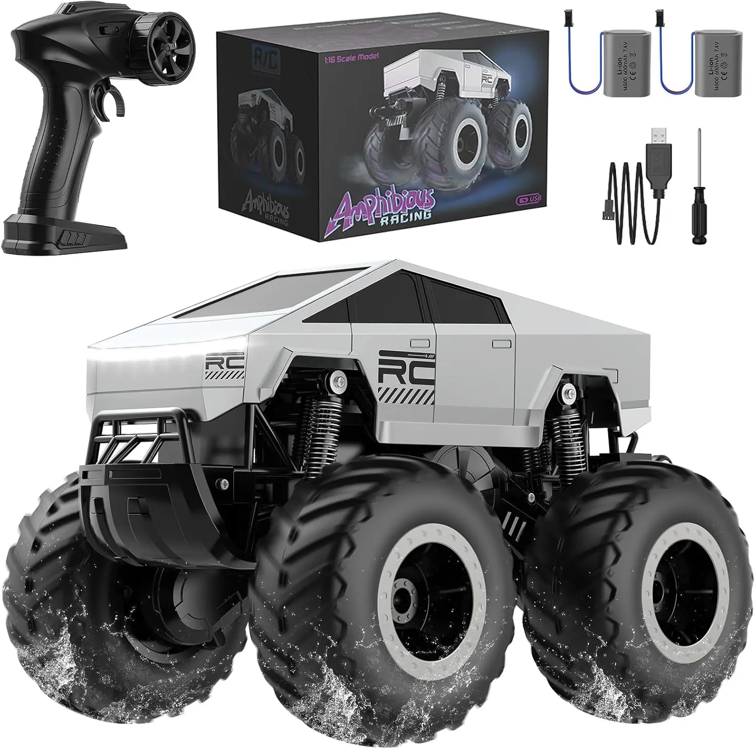 1:16 RC Off-Road Pickup Truck, 4WD Amphibious Remote Control Car with LED Lights, Rechargeable Battery – Gift for Kids 6–12+
