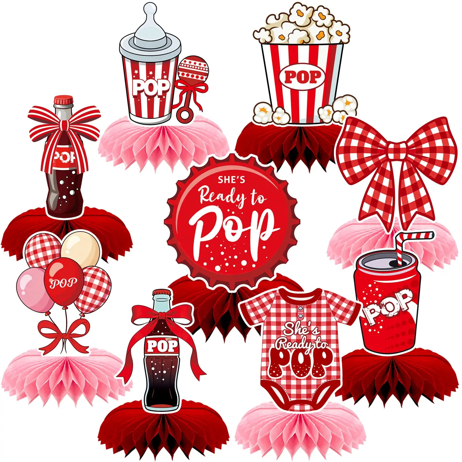 9Pcs Red and Pink Baby Shower Honeycomb Centerpieces, 3D Paper Gender Reveal Honeycomb Hanging Decorations, Popcorn Theme Party Ornaments for Mom to Be, Baby Shower Table Centerpieces Set, Celebration Party Favors