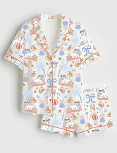 Women’s Beach Dog Pajama Set, Crabs Pineapples Palm Trees Pups In Sunnies Print, Short Sleeve Summer PJs, Cute Tropical Dog Sleepwear