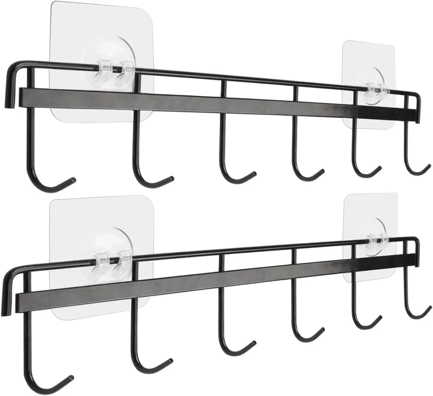 Pack of 2 Adhesive Wall Hooks Rack Kitchen Rail, Space Saving Utensil Holder No Drilling Wall Mounted Accessory Hanger with 6 Hooks for Kitchen Bathroom Bedroom (Black)