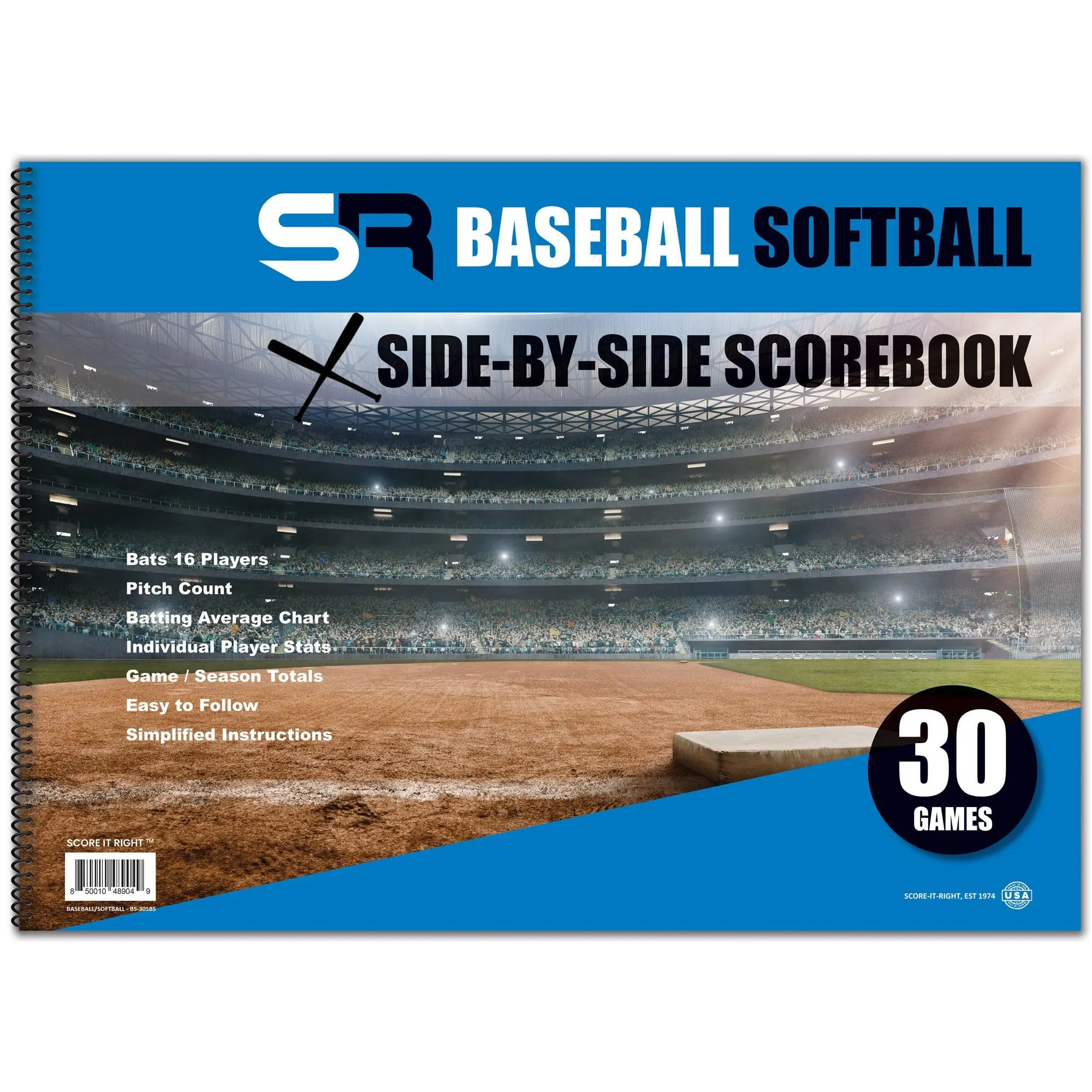 Side-By-Side Baseball & Softball Scorebook  30 Game Large 16 × 11.5 Format  Track Both Teams on One Page with Stats & Pitch Count