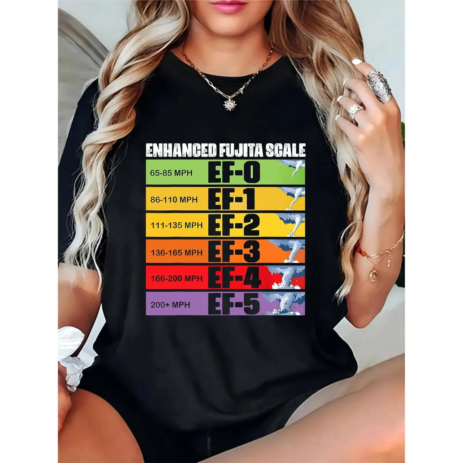 Women's Graphic T-Shirt, 100% Cotton Round Neck Top with Fujita Scale Tornado Print for Meteorology Enthusiasts, Lightweight & Breathable, Fit, Graphic Print, Comfortable, Relaxed Fit, Crew Neck, Casual, Short Sleeves, Loose-Fitting, Skirts