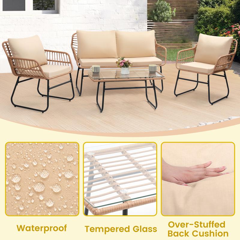 4 Piece Patio Bistro Outdoor Furniture Set, Wicker Sofa, 2 Rattan Chairs, and Table, Backyard Conversation Set, All Weather Cushions, Natural Rattan Beige Cushion ，outdoor furniture
