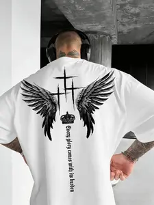 Men's Glory & Weight Saint Wing Cross Faith Print Short Sleeve T-Shirt, Seamless Loose Fit for Daily, Casual, Streetwear, Street Style, Summer Essential, Menswear