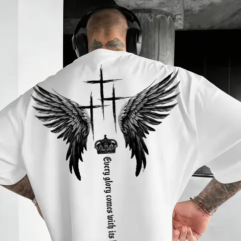 Men's Glory & Weight Saint Wing Cross Faith Print Short Sleeve T-Shirt, Seamless Oversized Loose Baggy Fit for Daily, Casual, Streetwear, Street Style, Summer Essential, Menswear, Graphic Menswear Top