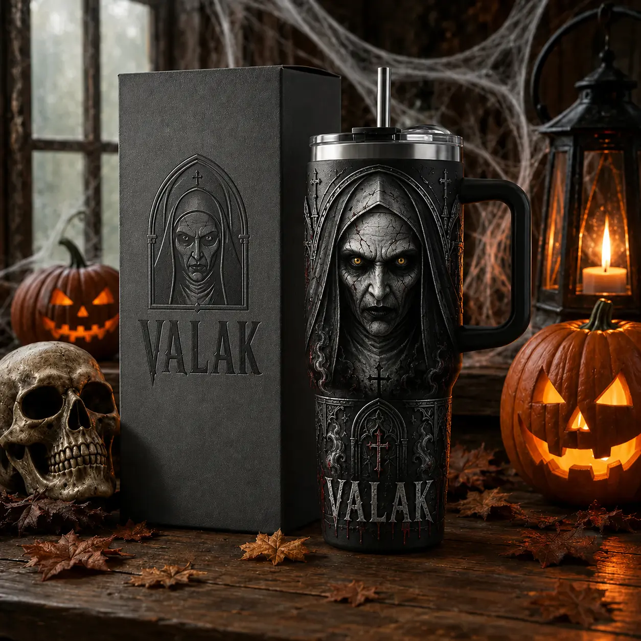 OceanSip4U Valak The Nun Horror 40oz Tumbler with Handle & Straw, Stainless Steel Double Wall Insulated Travel Mug, Gothic Demon Nun Halloween Cup, The Nun Horror Fan Gift