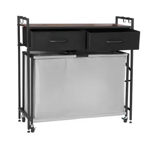 VEVOR 3 Section Laundry Sorter, Rolling Laundry Hamper with 2 Drawers, Hooks & Wheels, Rolling Basket Organizer Storage with Pull-Out Rolling Bags and Wooden Tabletop for Dirty Clothes, Bathroom