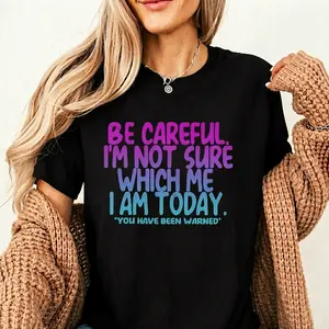 Womens Plus Size Humorous Be Careful Im Which I Graphic T Shirt Colorful Letter Print Loose Neck Short Sleeve Summer Tee Machine Washable Black Casual Top Text Shirt Ladies T Shirts Black -1