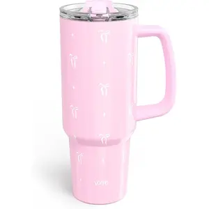 YOME 40 oz Bow Pink with Handle and Flip Straw for| Stainless Bottle| Keeps Drinks Cold| Dishwasher Safe| Cupholder Friendly| Gift Gym Travel Yoga