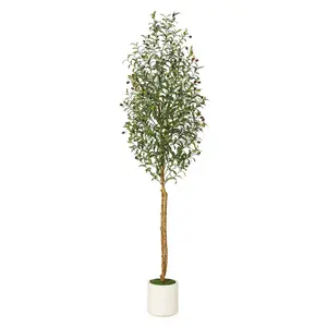 Decorative Artificial Olive Tree with Fruit, Adjustable Branches, Realistic Faux Silk Leaves, Natural Wood Trunk, Green Moss and White Planter Pot (5FT-6FT-7FT) - Nature-Inspired Indoor Outdoor Decor for Home, Office