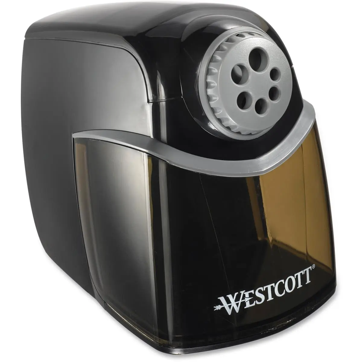 Westcott iPoint Heavy-Duty Stationery Pencil Sharpener - Gray Black, Helical 12-Blade Cutter, Auto-Stop, Extra-Large Shavings Reservoir, Fast Sharpening, Office Accessory
