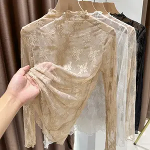 Half High Collar Lace Undershirt for Women New Summer Collection with Black Fungus Edge Mesh Long Sleeved Inner Top Three Colors Womenswear Blouses