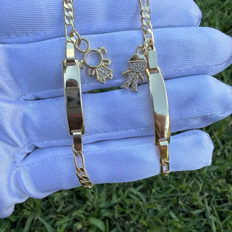 Bracelet 6” with Boy or Girl Charm Figaro Style Gold Plated Adjustable Chain for Kids