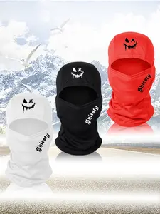 Letter & Smiley Print Ski Mask, Unisex Woven Fabric Balaclava for All Seasons, Sporty Loose-Fit Design, Ideal for Outdoor Activities, Halloween