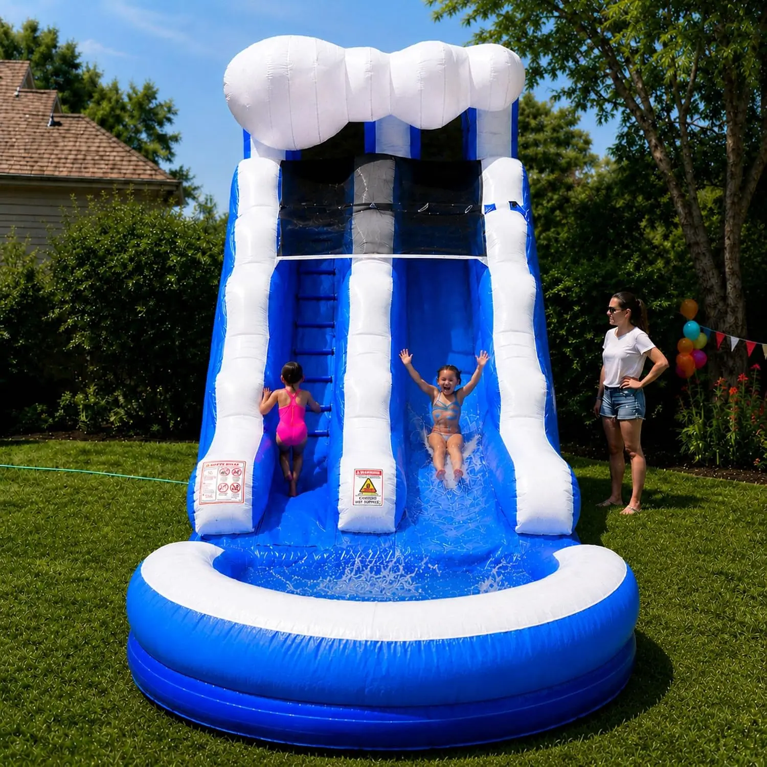 Crossover Inflatable Water Slide for Kids with Removable Splash Pool, 25.5 x 9 x 15 Foot Blue Wave Backyard Party Waterslide, Includes 1HP Blower, Stakes, Storage Bag, Patches - 15 Feet Tall