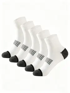 5 Pairs Men's Thin Breathable Sport Crew Socks, Running Casual Daily Wear, Solid Pattern, Calf High, All Seasons