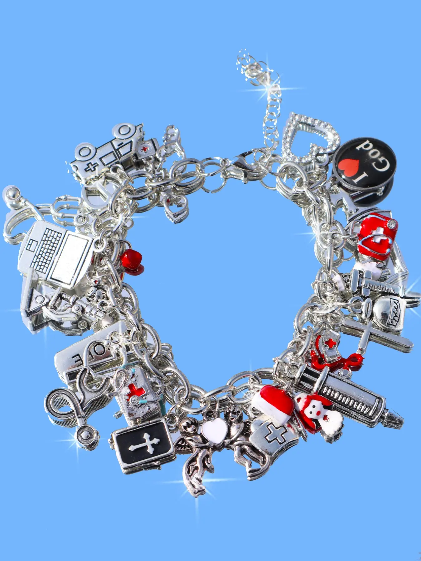 Doctor Nurse Cosplay Hand Chain Bracelet, Vintage Heart Cross Angel Charm Bracelet, Medical Theme DIY Bracelet, Perfect for Costume Parties, Bracelets Accessories, Alloy Chain Bracelet, Bracelet Jewelry