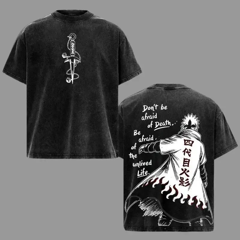 Menswear Unisex Fourth Hokage Minato Namikaze Vintage Washed Short-Sleeve T-Shirt, Naruto Cloak Design Graphic Tee with Anime Quote, Gift for Naruto Fans Crewneck Tshirt