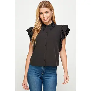 Black Cute with Ruffle Button Down Top
