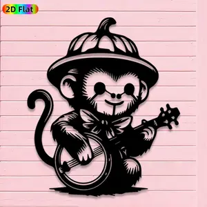 1pc Cute Monkey with Banjo Metal Wall Art, Cute Monkey with Banjo Statue Mural, Iron Craft, Perfect for Living Room, Garden, Zoo Corner Decor, Silhouette Wall Decor, Intricate Craftsmanship, Halloween Decor, Ideal Gift for Nature Lovers