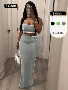 Women's Contrast Binding Crop Tube Top & Split Hem Suspender Skirt Skinny Two-piece Set, Minimalist Casual Fashion Cozy Slim Two Piece Outfits for Daily Outdoor Wear, Ladies Summer Clothes, Womenswear, Vacation Sets