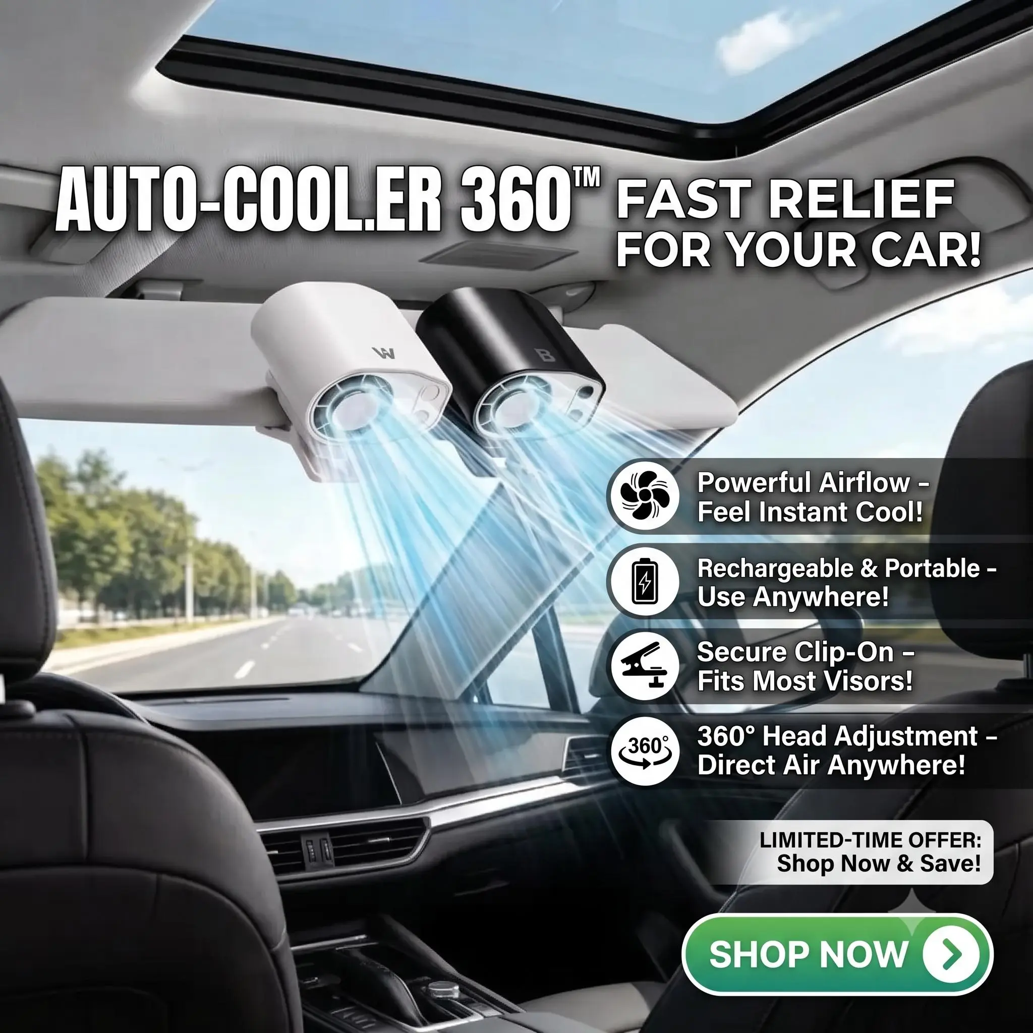 USB Car Personal Fan for Cooling (Clip-On Fan, Clip Umbrella Fan) — 100-Speed USB Rechargeable, 360° Rotation, USB-C LED Display, Portable Dashboard Fan & Desk Fan, Clip-On/Hanging Waist Fan, Up to 4.5H (Battery Included) -002