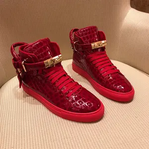 Men's Embossed Crocodile High Top Sneakers Lock Lace Red Flats Real Leather Designer Boots Casual Athletic Trainer Footwear