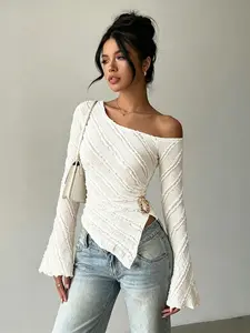 Women's Asymmetrical Backless Long Sleeve Ruched Waist Flare Sleeves T-Shirt Top, Commuter Chic, Elegant, Fit, Spring Fashion Clothing
